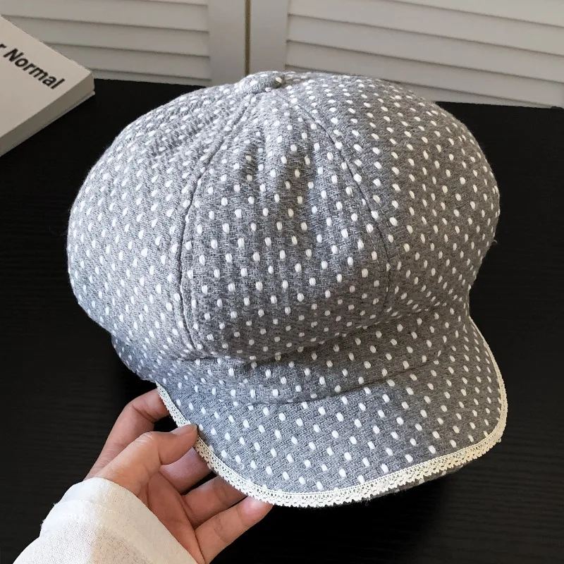 Koreanische Ins Polka Dot Spitzenrand Achteckige Baskenmütze Sommer- und Herbst-Street-Art Große Version Sonnenschutz Newsboy-Mütze für Frauen – Detail 5