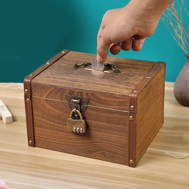 Small Boy Money Box Deposit Box Deposit Box Piggy Bank Key Code Lock Key with Kids Wooden Savings