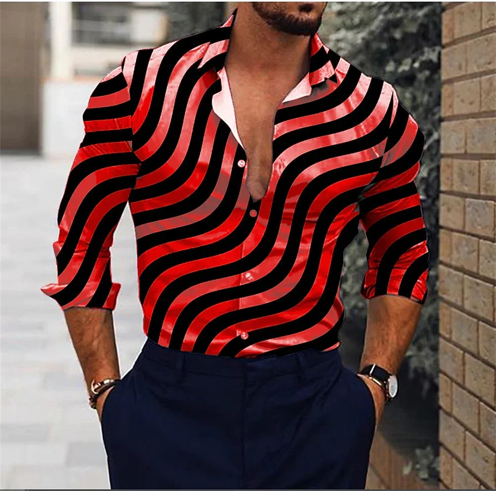 2025 New Men's Casual 3D Irregular Pattern Printed Shirt for Daily Street Wear Spring Polo Collar Long Sleeve Button Up Shirt