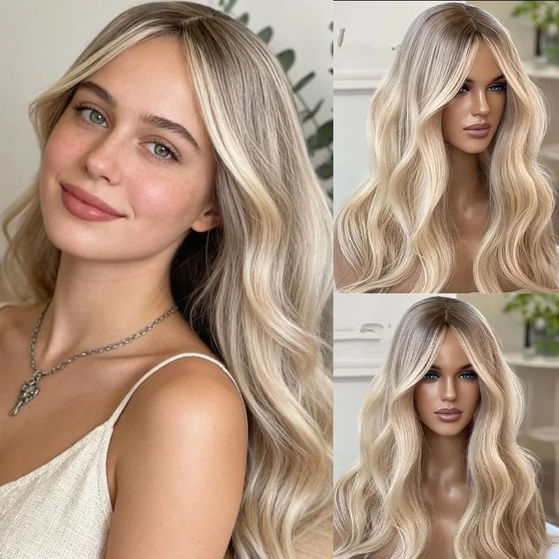 Realistic 13x4 Platinum Blonde Natural Wave Synthetic HD Lace Front Wig Mixed Highlighted Brown Roots Human Hair Wigs for Women