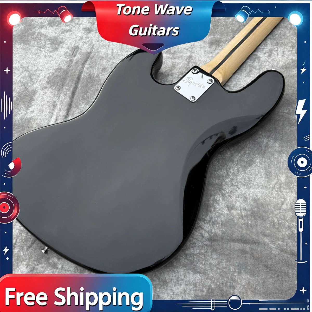 SQ Electric Guitar Mahogany Body Silver Piece Pure Black Glossy Surface Four String Electric Bass Metal Bridge Free Shipping