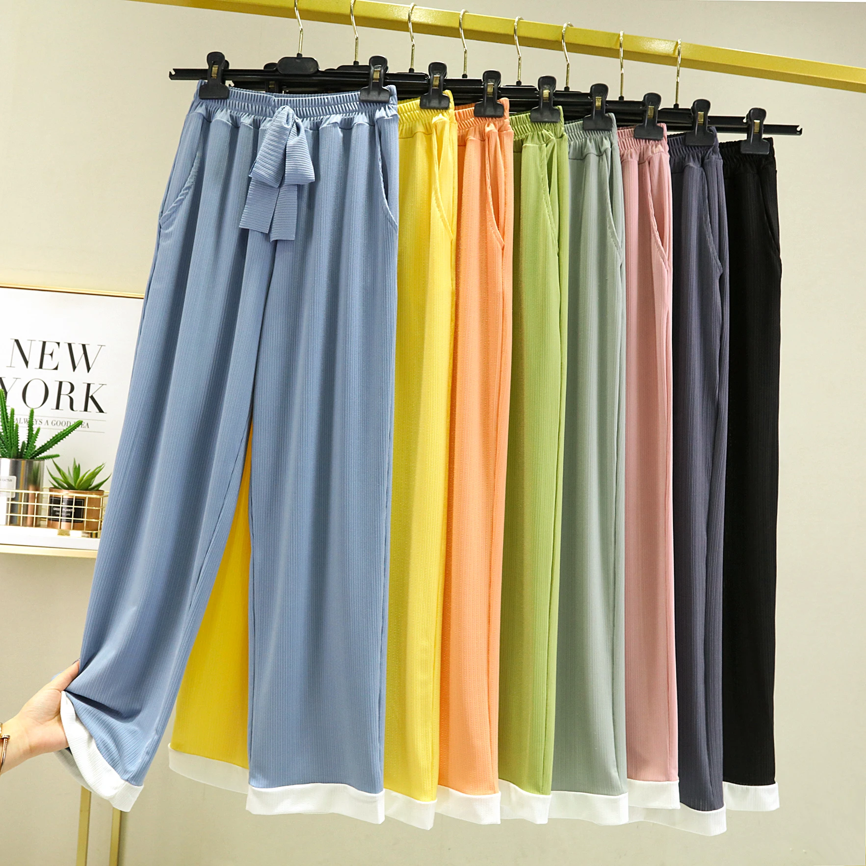 Pantalon drapé Modal à jambes larges pour femme, ample, amincissant, décontracté, taille haute, grande taille, fin, soie glacée, droit, Long, printemps été