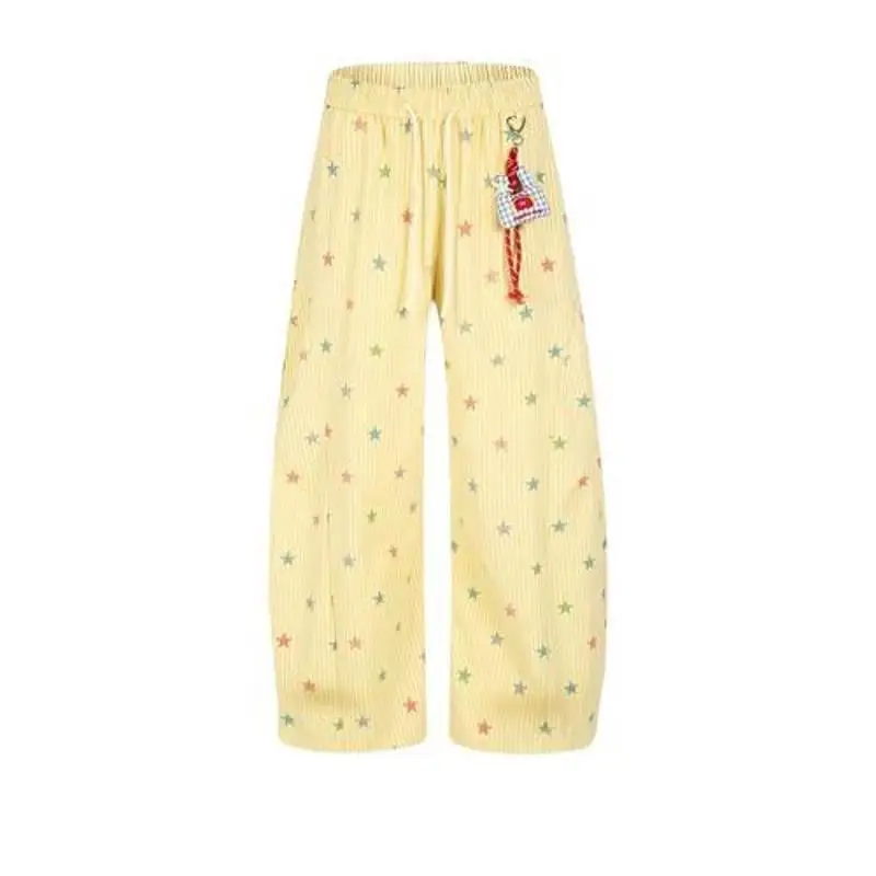 

Dopaamine Print Star American Casual Summer Plaid Pants Versatile Sporty Wide Leg Natural Waist Polyester Fiber