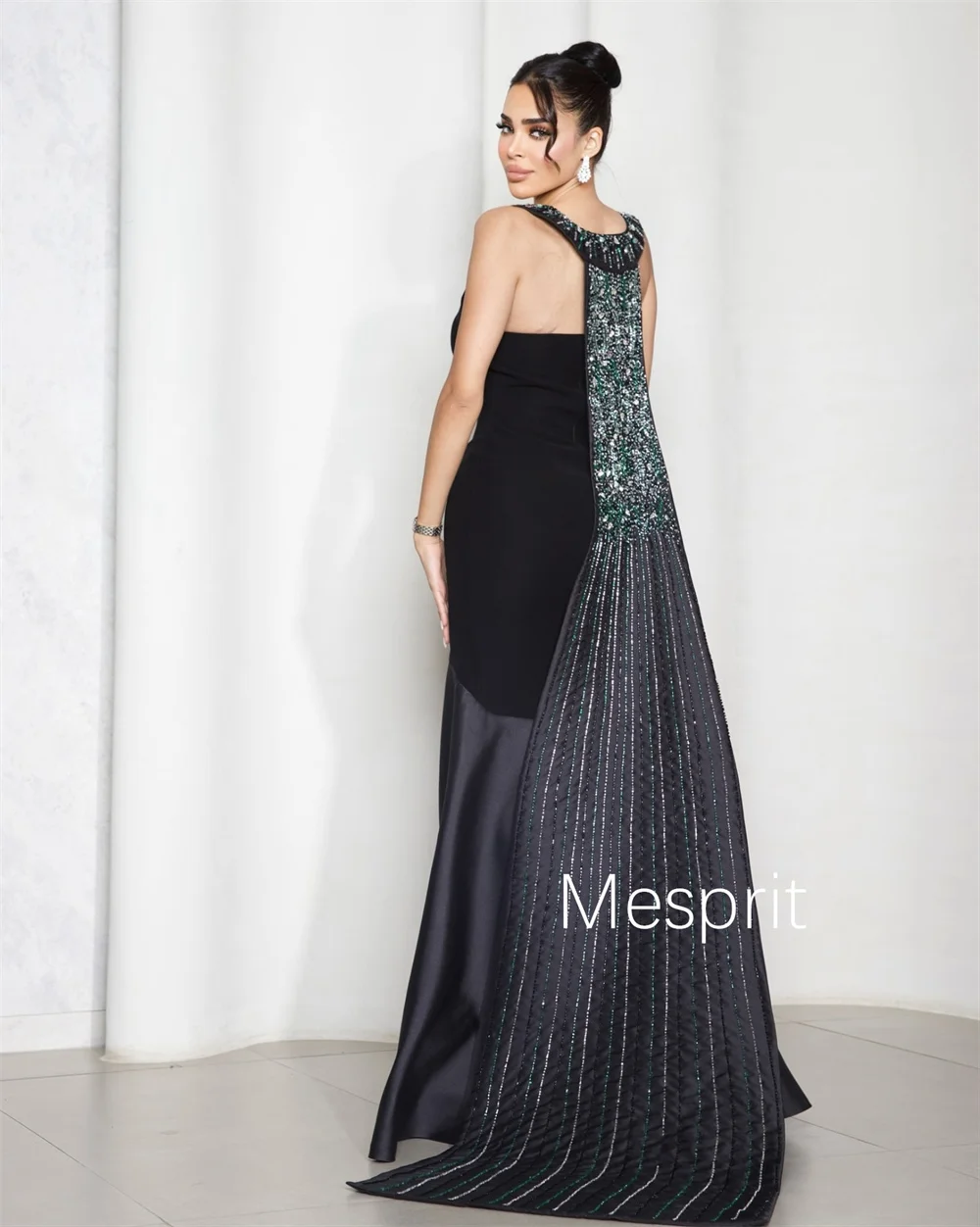 Maßgeschneiderte lange Kleider aus Pastrol-Jersey mit Faltenmuster und Pailletten, Meerjungfrau, U-Ausschnitt, maßgeschneiderte Anlässe, Abendmode