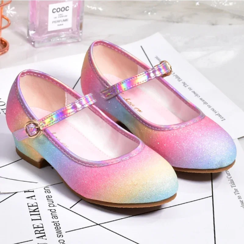 Princess Shoes for Girls Spring Autumn Glitter Fashion Kids Dress Leather Shoe Rainbow Sequins Children Party Wedding High Heels