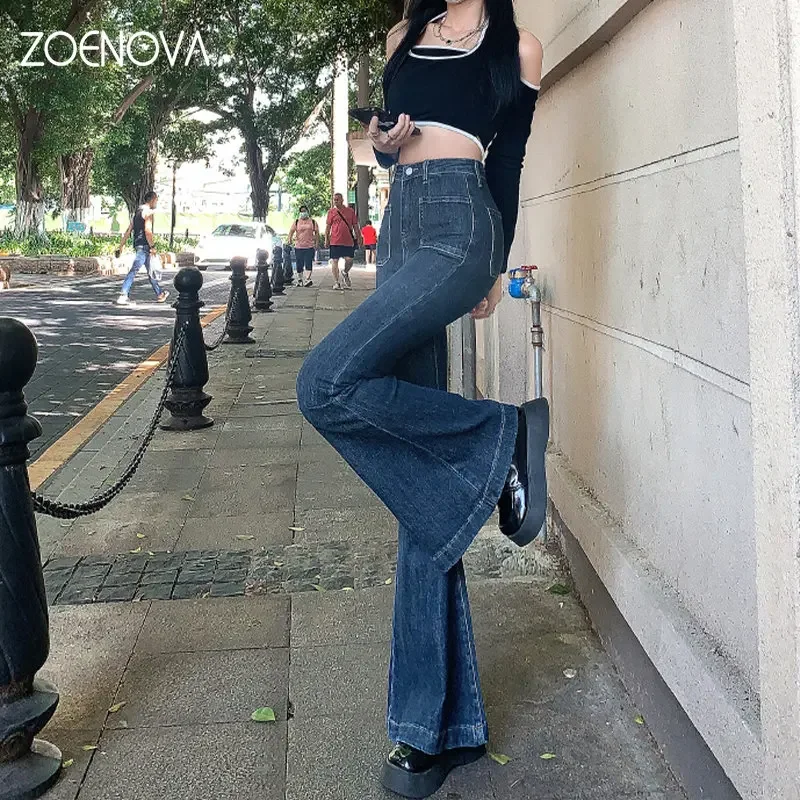 ZOENOVA Y2K 2023, pantalones vaqueros Vintage azules de cintura alta para mujer, pantalones vaqueros largos acampanados de pierna ancha, ropa de calle vaquera elástica para mujer