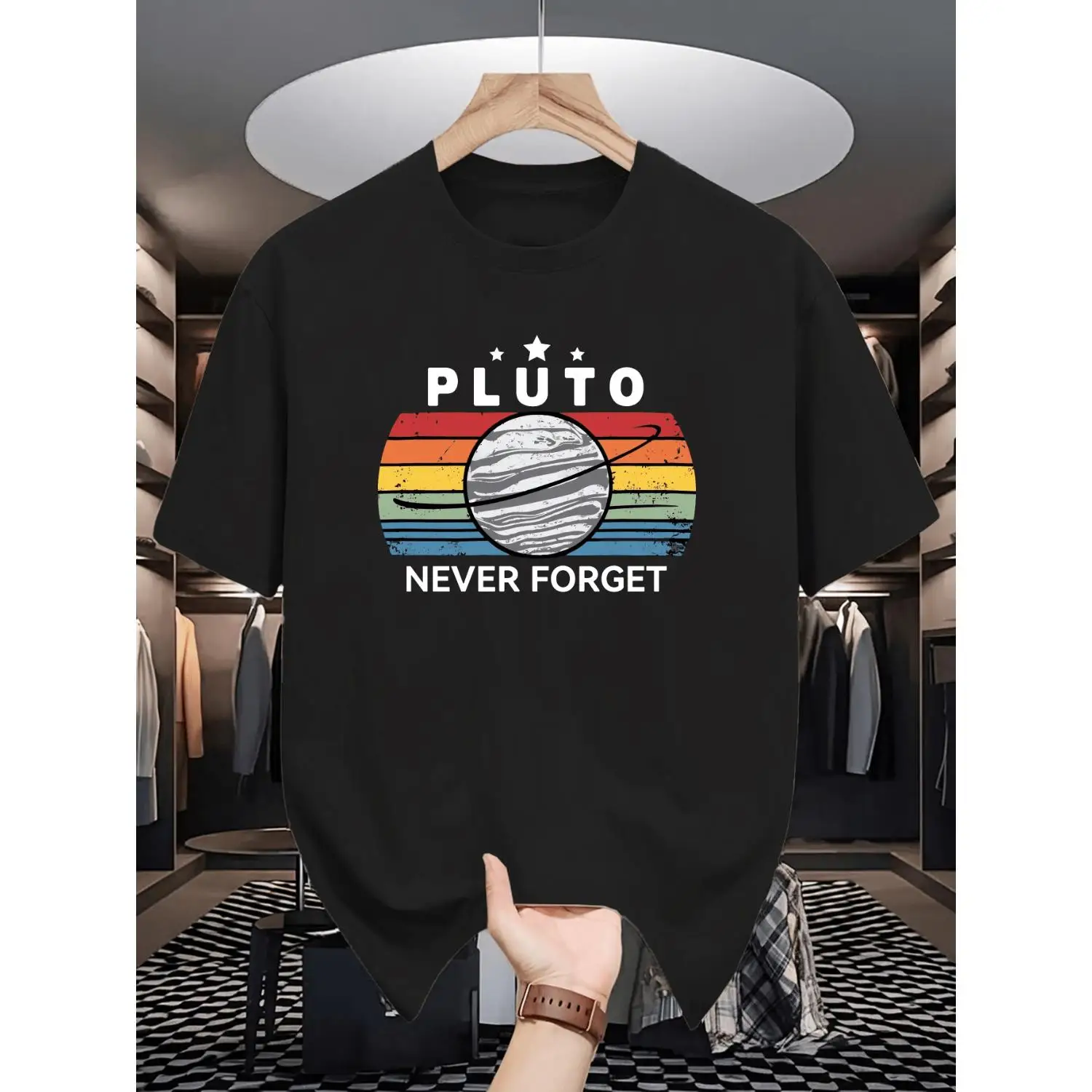 0823 PLUTO NEVER FORGET Men'S Summer Short-Sleeve Tees, Stylish And Trendy Printed Shirts for Men, Casual Round Neck Tops Suitable for Male Teens in Spring And Summer