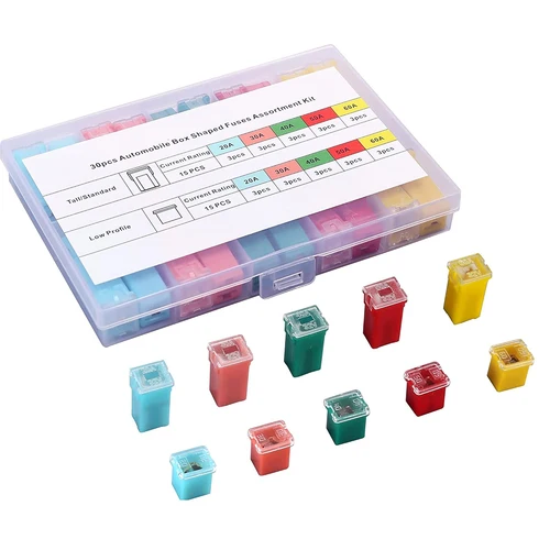Kit surtido de fusibles para automóvil de 30 piezas Fusibles automotrices en forma de caja de perfil alto/estándar y bajo para camionetas, automóviles, vehículos recreativos y SUV