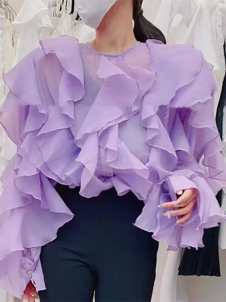 

Элегантная блузка с многослойными оборками и рюшами, женская, 2024, новая, универсальная, в западном стиле, из шифона, с длинными рукавами