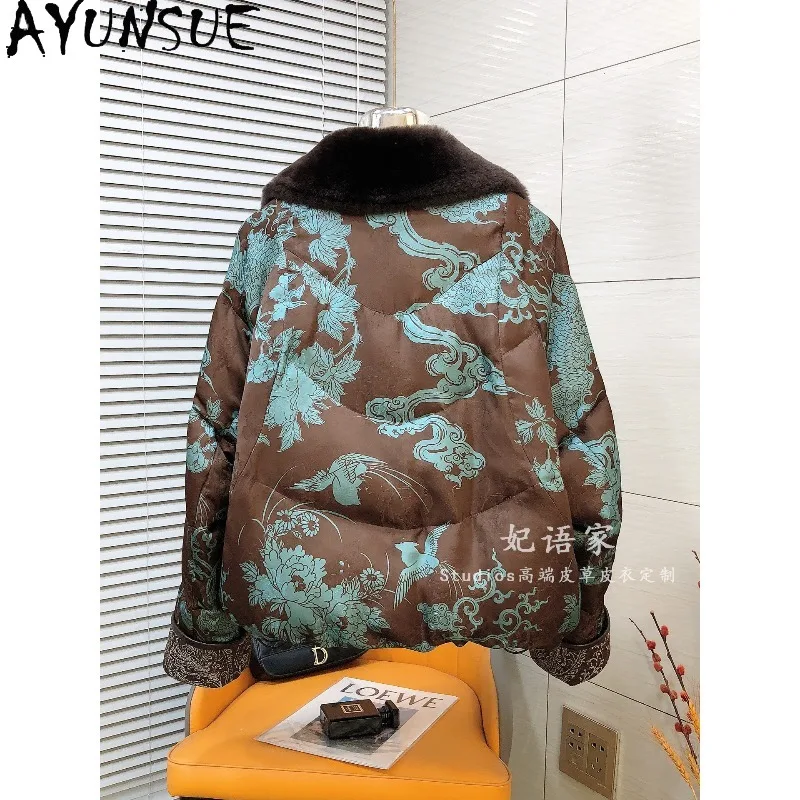 AYUNSUE Women's Down Coats Short Chinese Style Jacquard Jackets for Woman Fur and Leather Integrated Collar Coat Woman Clothes view 3