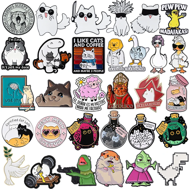 Cartoon Anime Cool Cat Animal Collection Brooch Enamel Pins Catholic Cat Dog Duck Doctor Brooches Badge Jewelry Gift for Friends