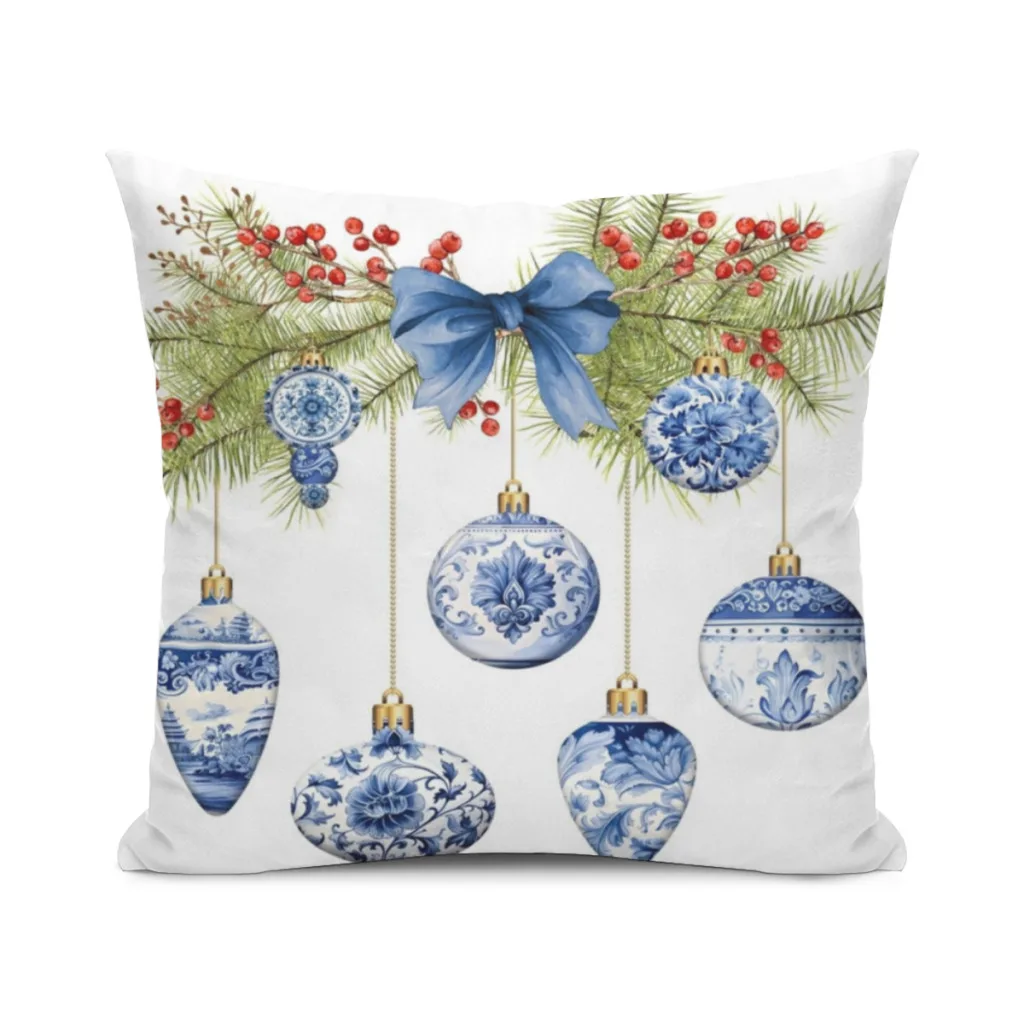 Blue Chinoiserie Christmas A Pillow Case SoftCushion Cover For Home Decor Easy To Clean