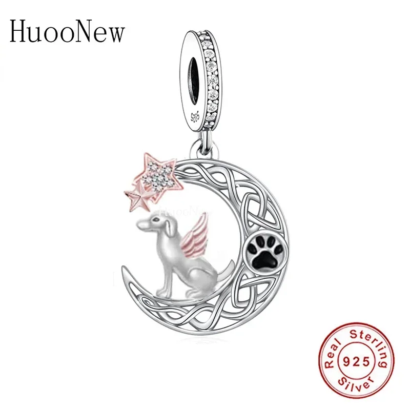 Fit Original Pan Charms Bracelet 925 Sterling Silver Star Paw Angel Dog On The Moon Bead For Making Pet Lover Memorial Berloque