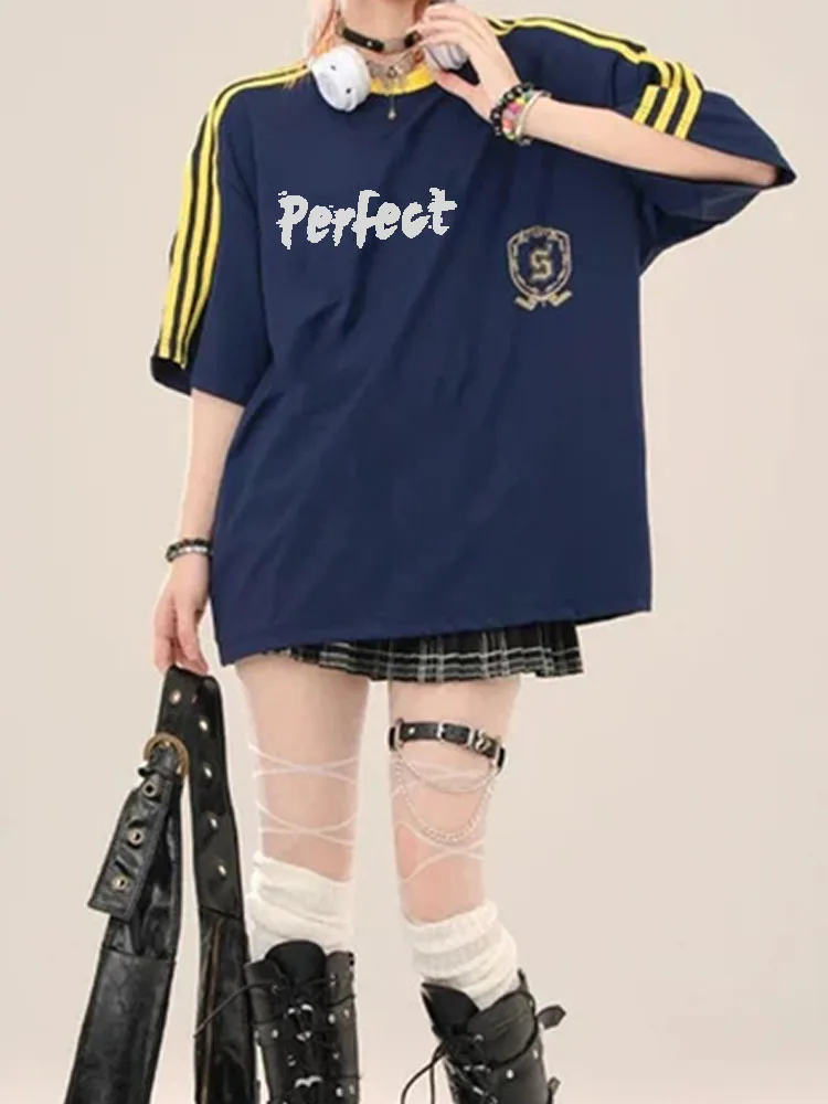 

Y2K American street letter printing color striped high street loose hip-hop casual dance dress short-sleeved T-shirt