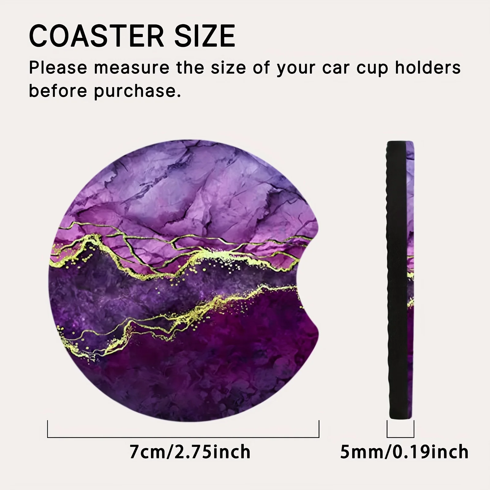 2 Pack Purple Gold Marble Foam Coasters Absorbent Durable Car Beverage Coasters Insert Car Cup Accessories in Car