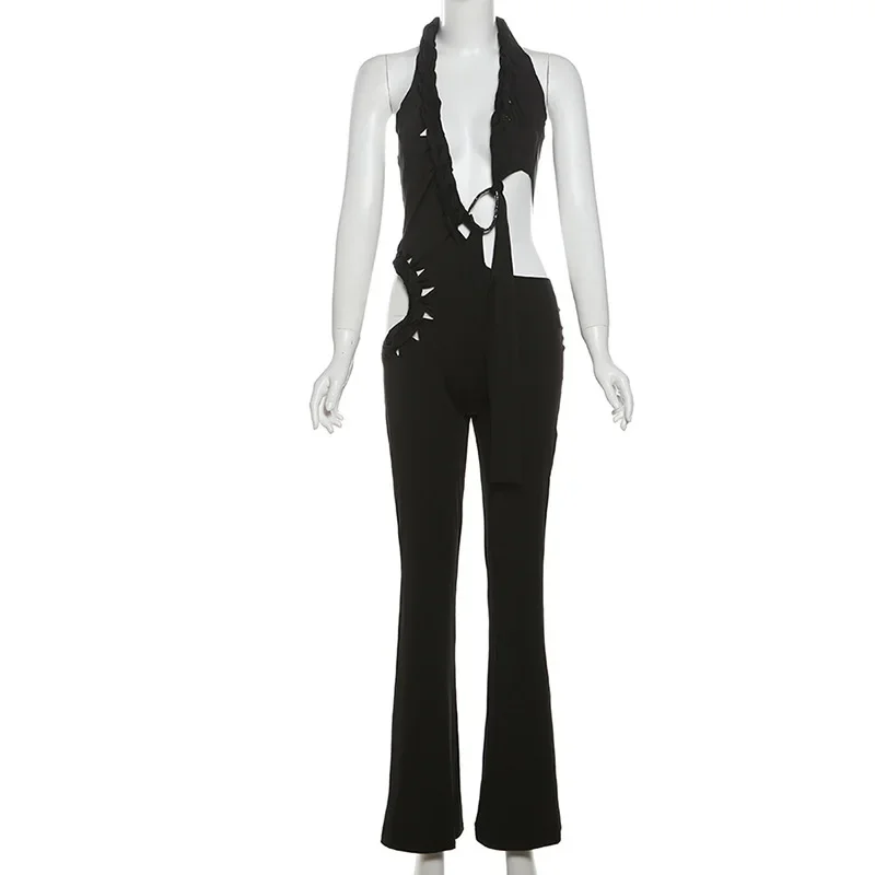 Chic Metal Buckle Braid Halter Backless Flare Jumpsuits Women Sexy Deep V-neck Sleeveless Hollow Out Ruched One Piece Overalls