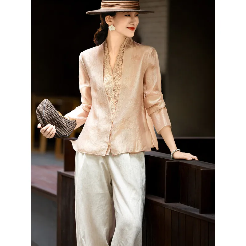 MEXCOCO Spring Autumn New Elegant New Chinese Style Long Sleeve Lace Panel V Neck Blouse