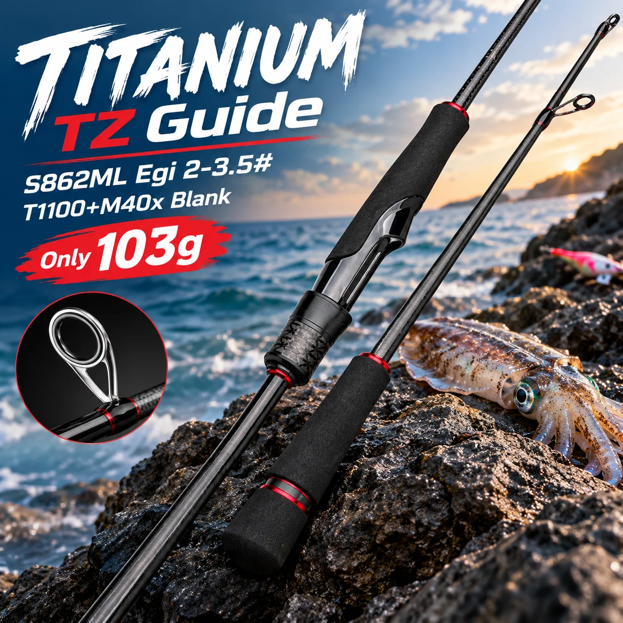 FISHINGFANS THAUMAS T1100 Blanko-Titan-TORZITE-Führungsstück S862ML EGI 2-3,5 #   TORAY 4-Achsen-Kreuz-Kohlefaser-EGI-Tintenfisch-Angelrute