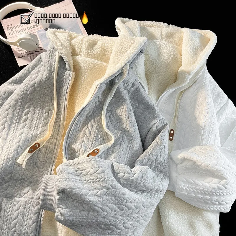 

Lamb Fur Jacket Men's Thickened Loose Hooded Sweatshirt Couple's Autumn Winter Outerwear Casual Style Long Sleeve Coat