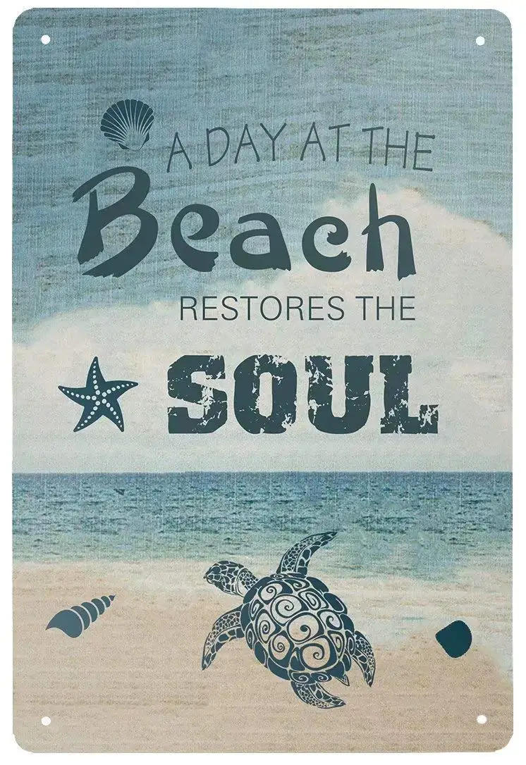 Retro Tin Signs Vintage Style A Day At The Beach Restores The Soul Metal Sign Iron Painting for Indoor & Outdoor Home Bar Co