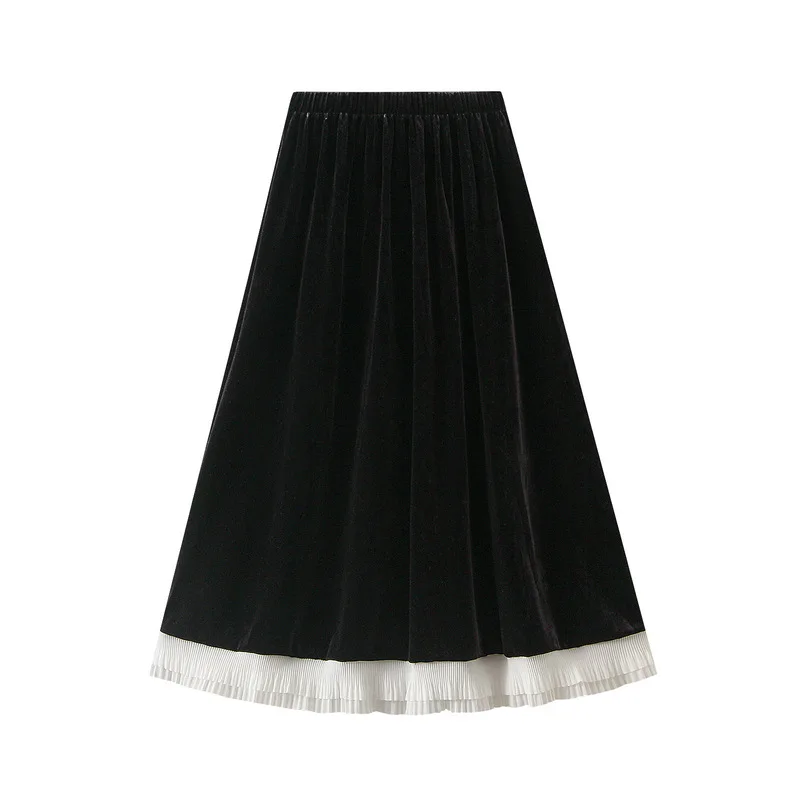 High Waisted Contrast Pleated Skirt, Black Velvet Skirt, Temperament, New, Autumn, Winter, 2022