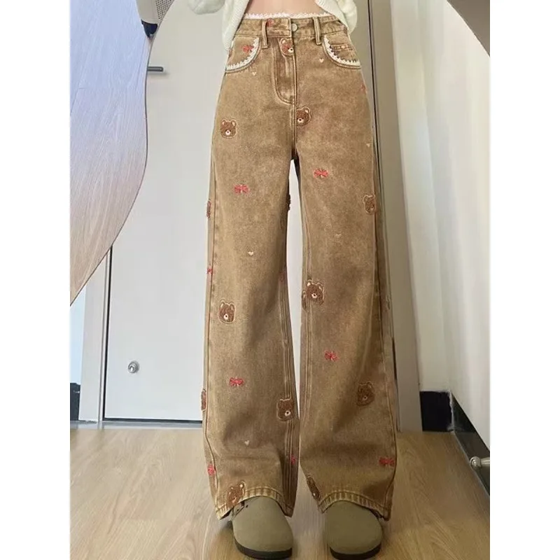 Hohe Taille, lockere Passform, braune Bären-Denim-Jeans, Damen-Sommer-Design-Sensation-Hose mit weitem Bein, bodenlanger Schlankheitswirkung