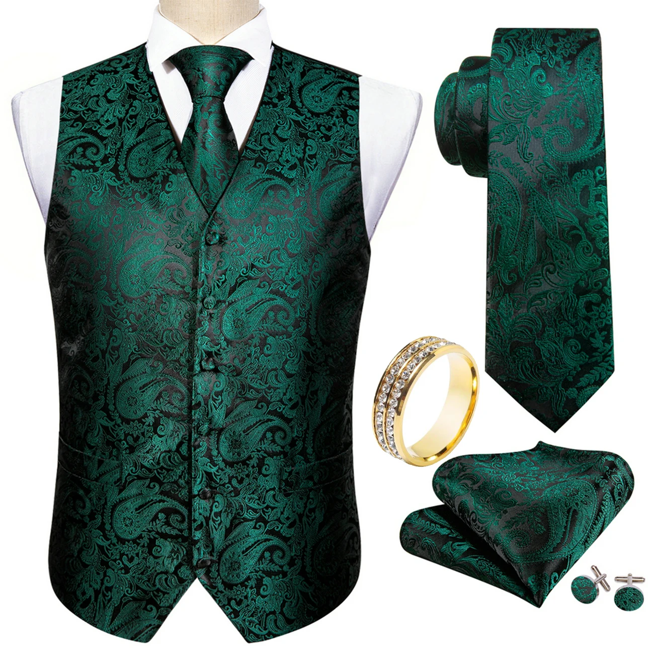 Black Emerald Paisley V-Neck Vest Matching Set Tie Pocket Square Cufflinks Ring For Vintage Theme Ball