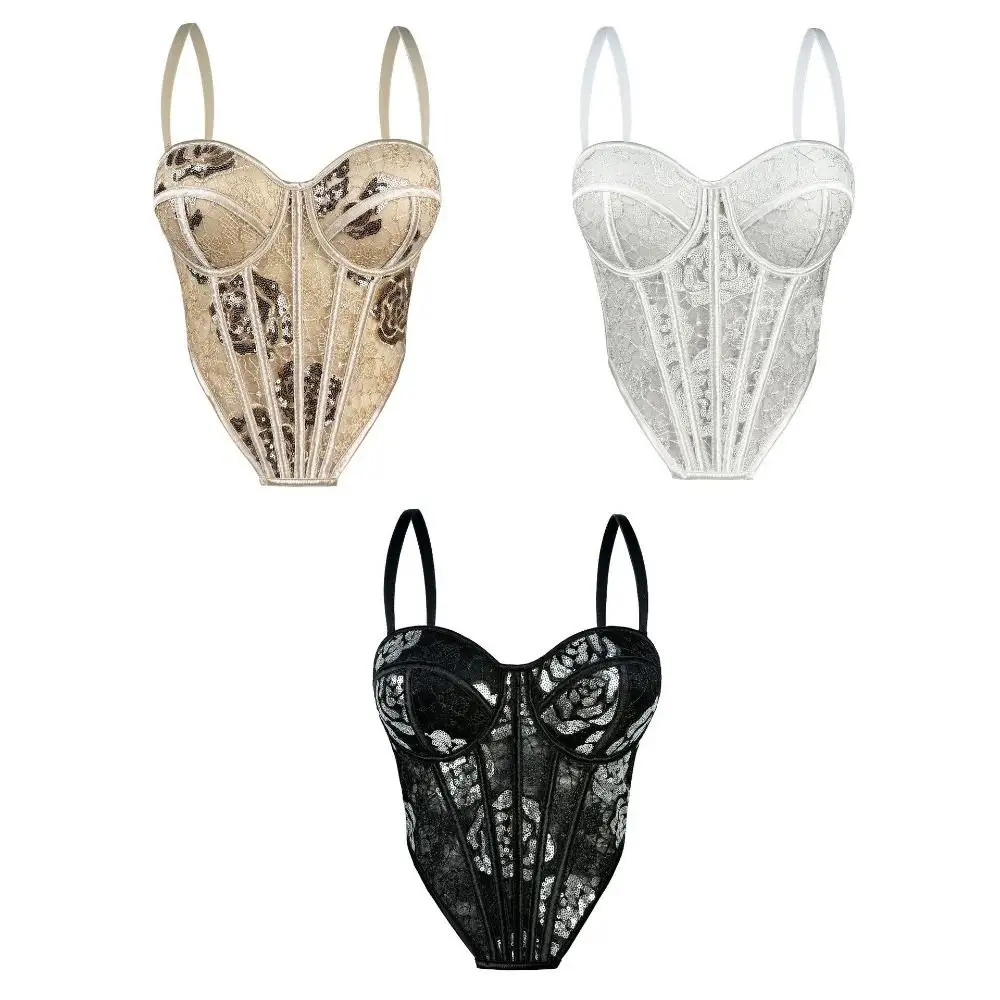 เสื้อสายเดี่ยวลูกไม้ปักเลื่อมทรงเข้ารูป แขนกุด สไตล์คอร์เซ็ท  สำหรับฤดูใบไม้ผลิและฤดูร้อน