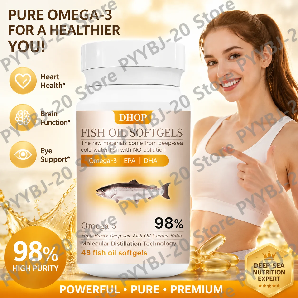 DHOP 98% High Purity Fish Oil Softgels - Omega-3 EPA DHA Supports Brain, Eye, Heart & Joint Wellness 48ct