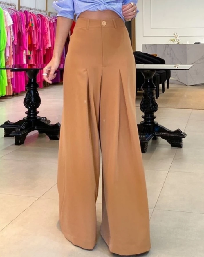 

2024 Hot Selling Women Spring Summer Casual Solid Color Loose Long Pants High Waist Ruched Wide Leg Pants Temperament Commuting