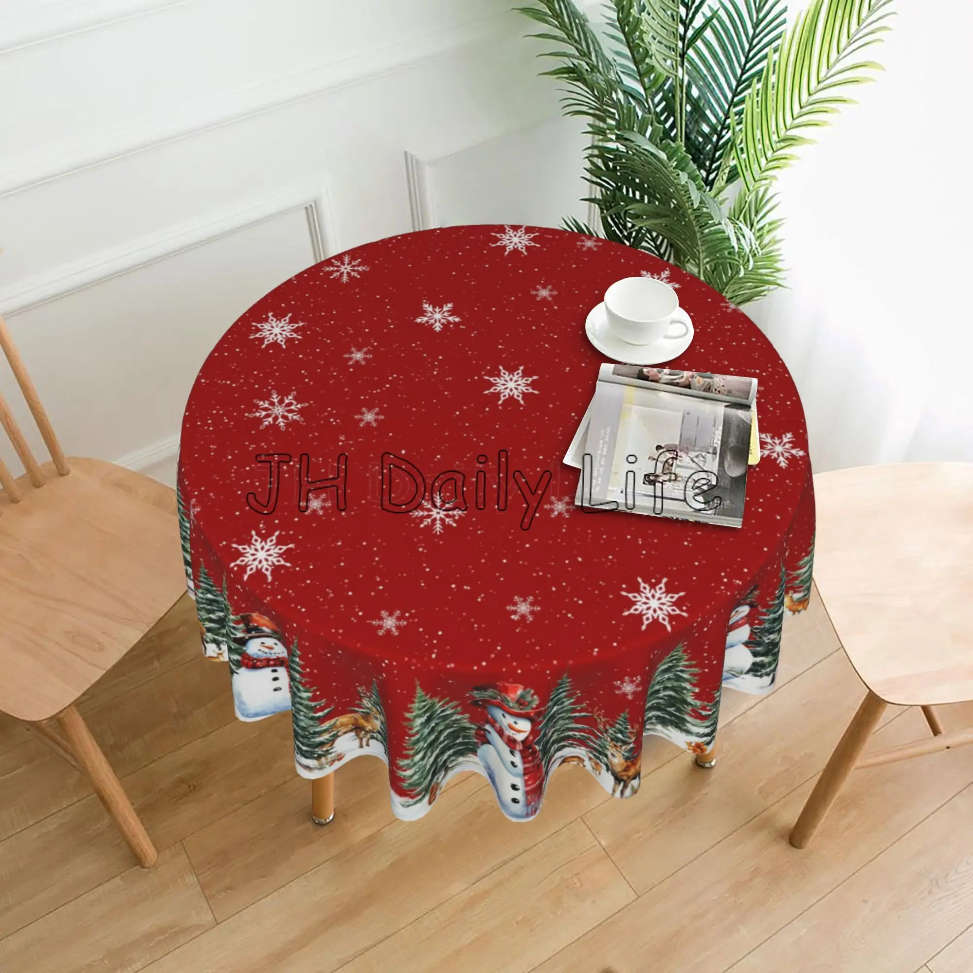 Christmas Red Round Tablecloth 60 Inch Snowman Winter Snowflake Reindeer Decor Polyester Fabric Washable Table Cover for Holiday