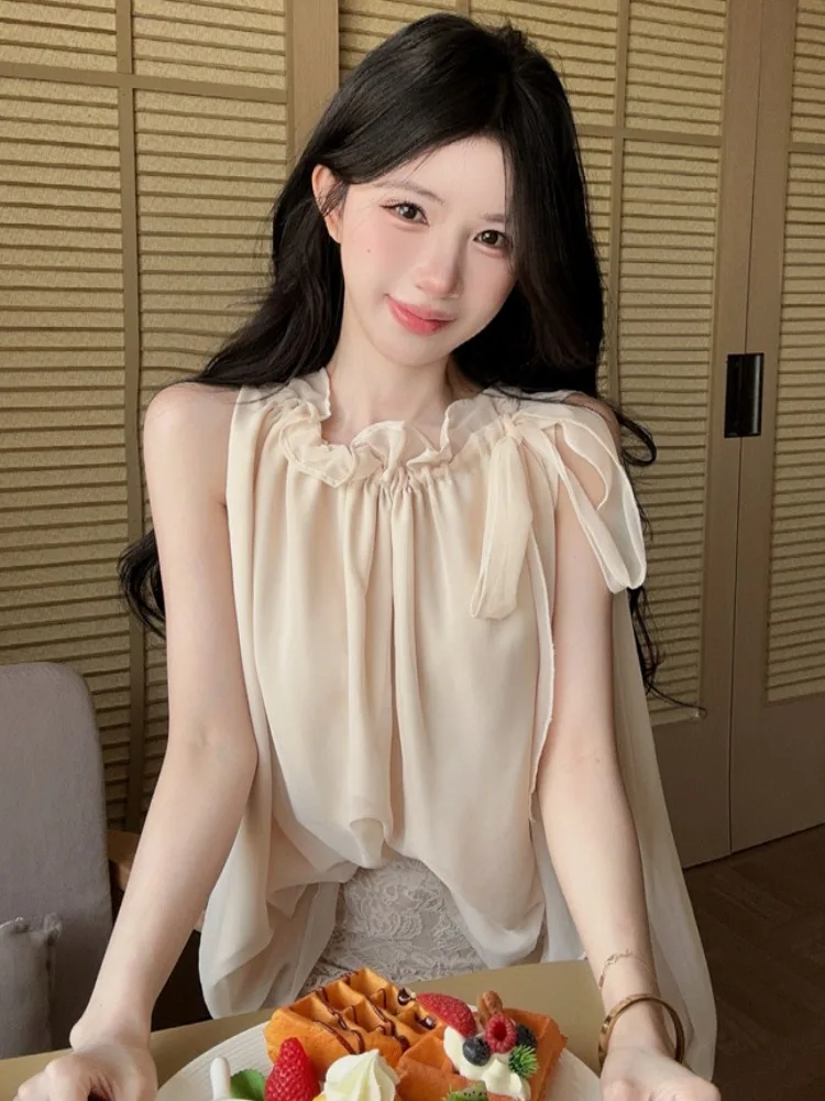 

Elegant Loose Sleeveless Shirt Neck Hanging Lace Hem Skirt Set Women's Fashion Korean Style Commute Casual Summer Outfit