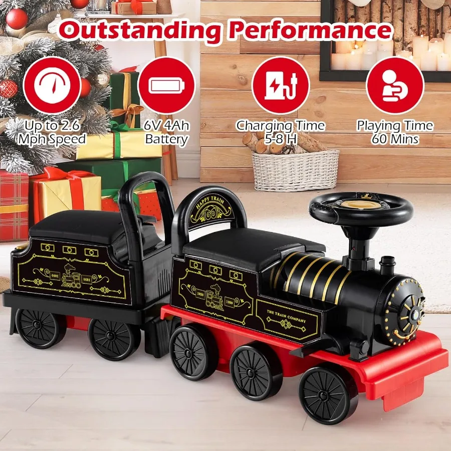 Tren de 2 plazas de 6 V con carro, almacenamiento, silbato de tren, música, luces para mayores de 18 meses (2 plazas, retro)