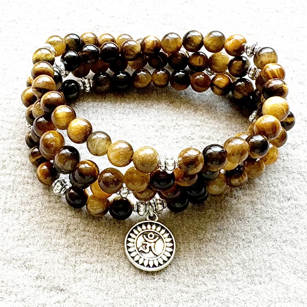 Ruberthen 6 MM Tiger Eye Ohm Charm 108 Mala Bracelet Womens Natural Gemstone Handmade Yoga Wrist Balance Jewelry