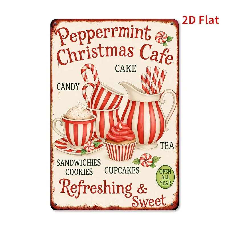 2D Flat 1Pcs Vintage Christmas Coffee Metal Tin Sign, Mint Theme 