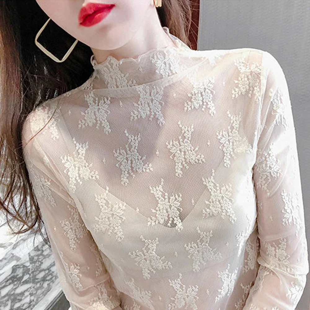 New Transparent Korean Loose Women Lace Blouse 15 Colors Female Bottoming Blouses S-3XL Size Cheaper Tops Kawaii T Shirt