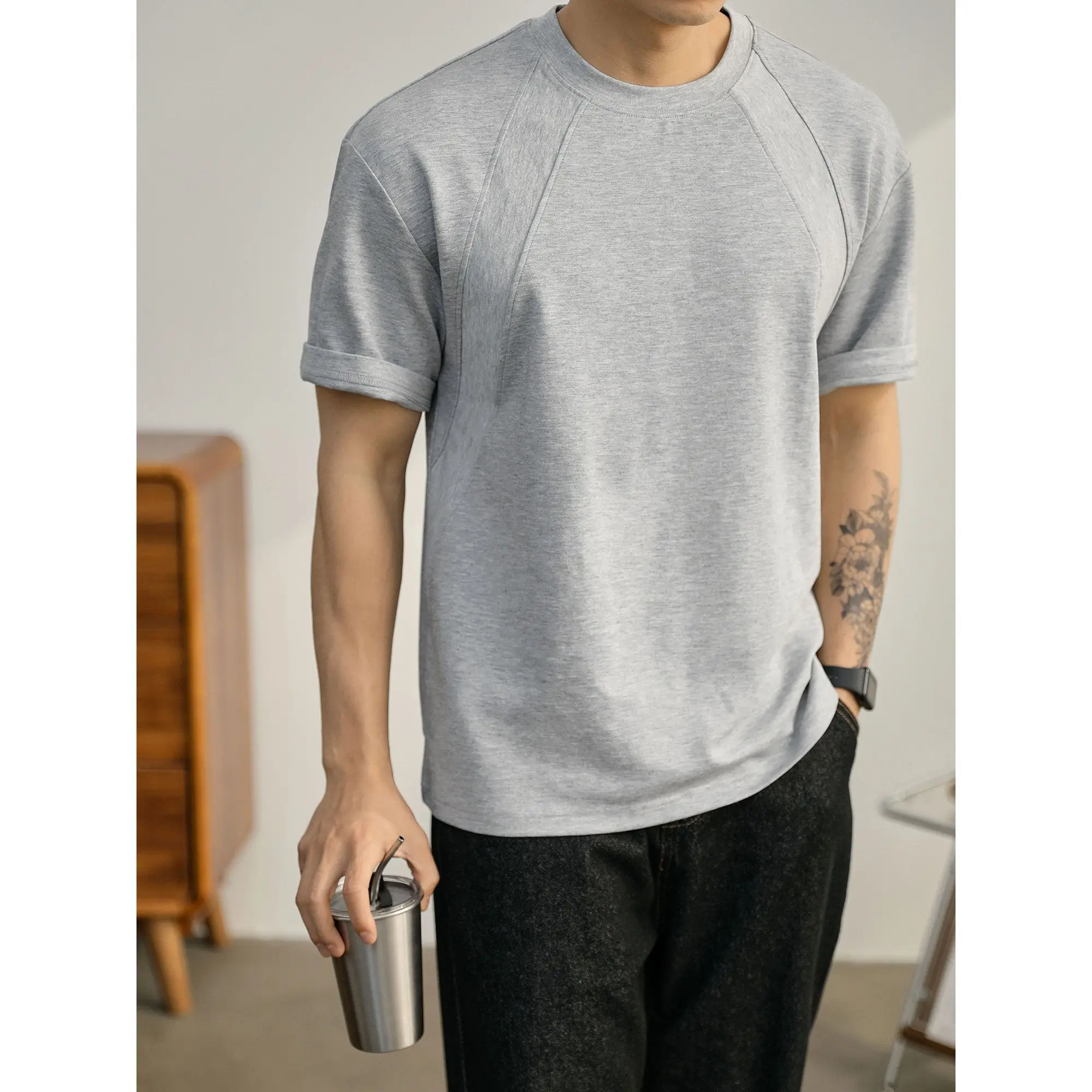 New Trendy Brand High-end Men's Summer Splicing Slightly Wide Half-sleeves