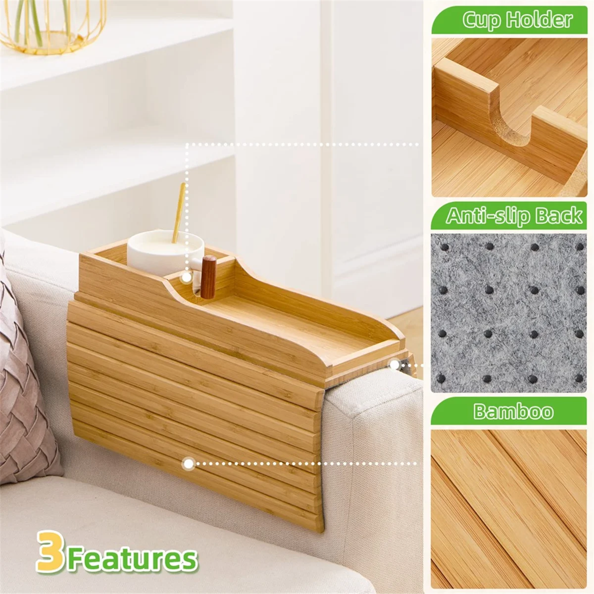 Couch Cup Holder, Couch Drink Holder, Natural Bamboo Sofa Cup Holder Armrest Tray, Portable Couch Arm Tray TableJAS