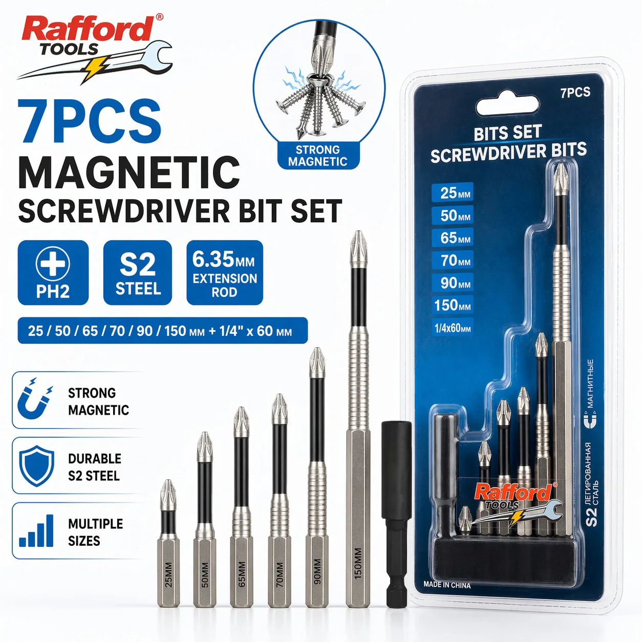 Rafford 7PCS Magnetic PH2 Screwdriver Bit Set, S2 Steel 25–150mm Screwdriver Bits with 1/4