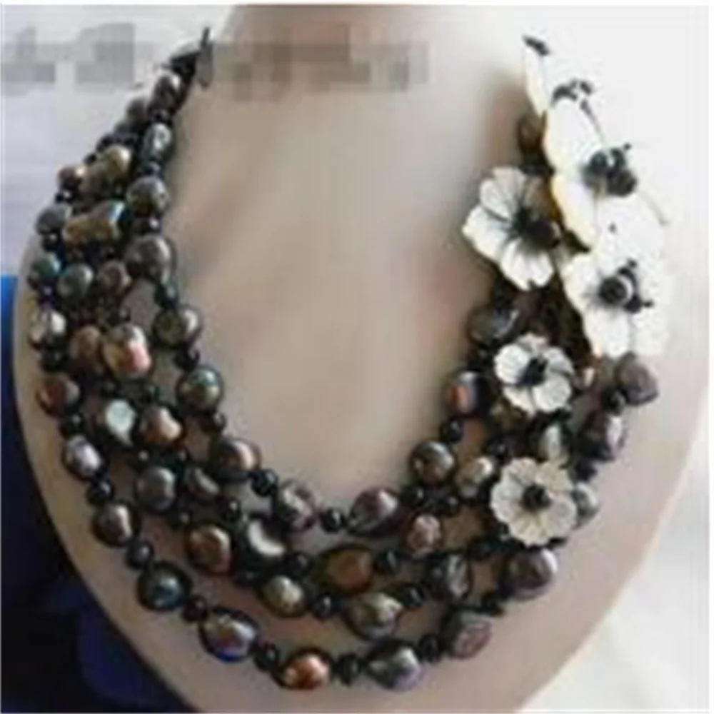 4 Strands 18 ''13mm Putih Putaran Mutiara Air Tawar Baroque Shell Bunga Necklac