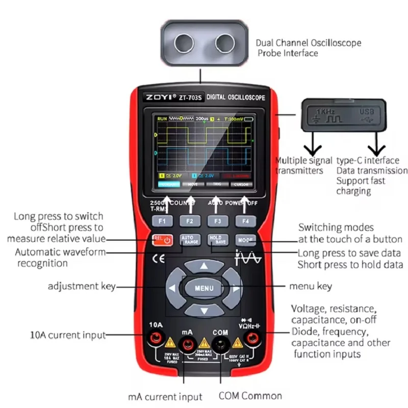 ZOYI ZT703S أرقام متعددة 3 في 1، عصابة باسانتي 50 ميجا هرتز، ديبيت 280 مللي ثانية، تخزين بيانات دي فورمي d'onde PC، generateur d