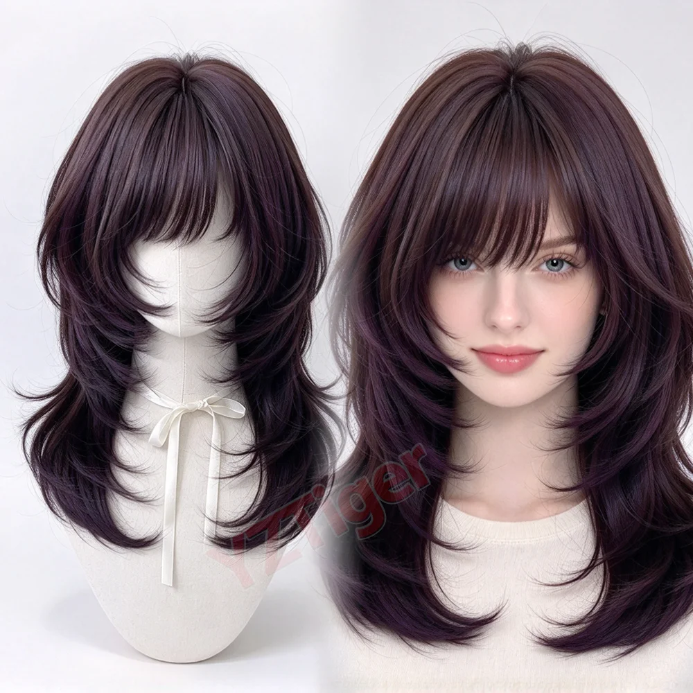 Dark Tea Brown Layered Wig for Women Medium Length Shaggy Wig with Air Bangs Synthetic Hair Wig for Daily Wear Party Cosplay