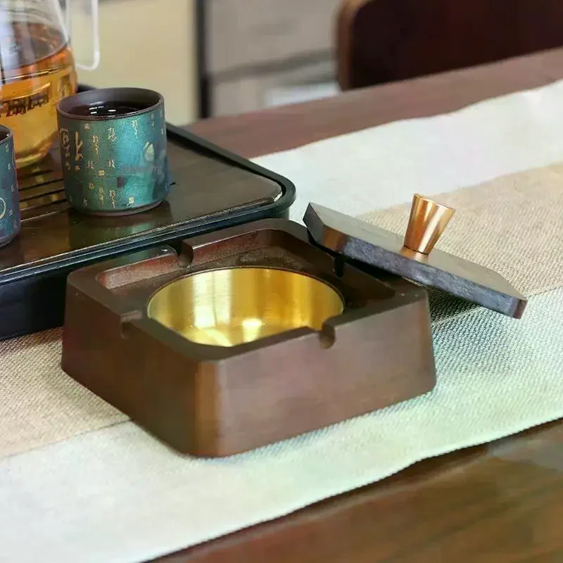 / Circle Natural Wood Ashtray With Lid Fireproof Iron Core Compact Size Suitable For Tea Tables And Desks Ash Tray Home Square
