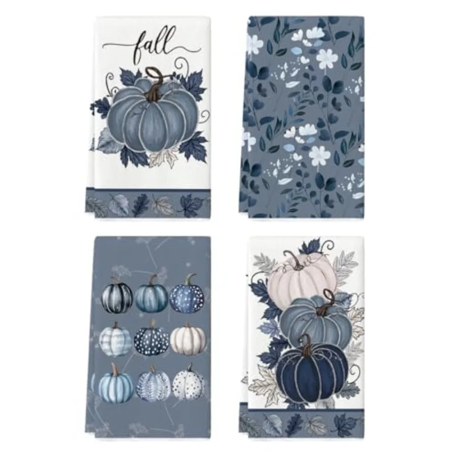 

Синие листья, тыква, осенние кухонные полотенца, полотенца для мытья посуды, 18x26 дюймов, фермерский дом, осеннее украшение на День благодарения, набор полотенец для рук из 4 шт.