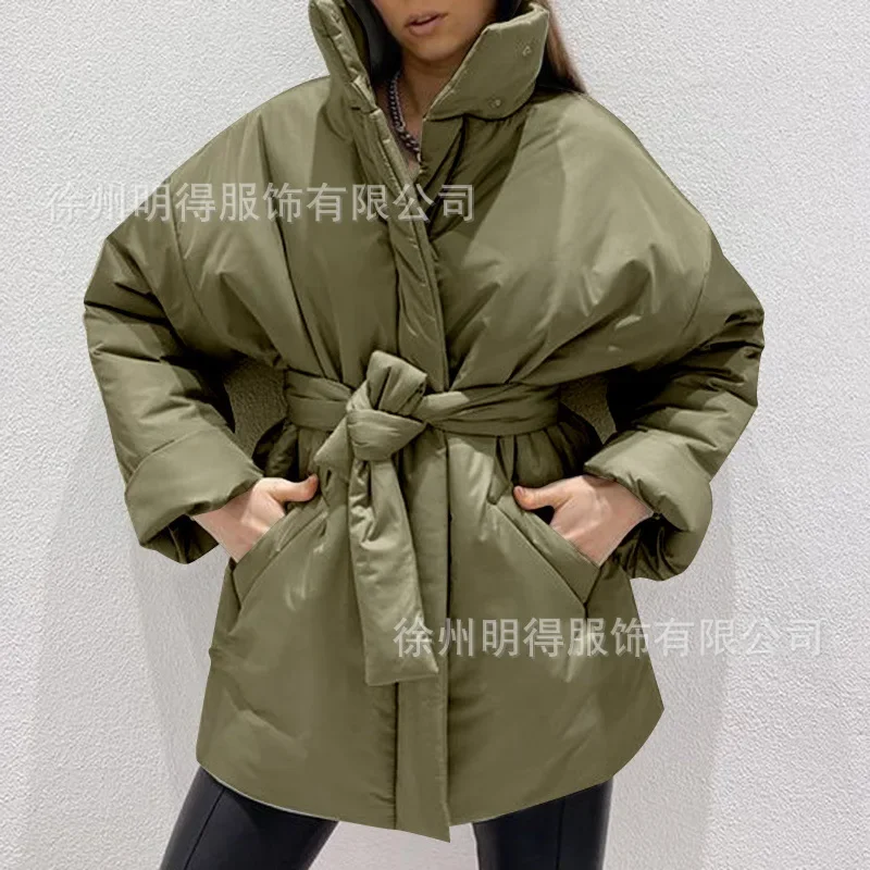 Winter Women Overszied Cotton Coat Jacket Parkas Thick Warm with Belt Casual New Loose Pocket Bubble Khaki Short Jackets Black