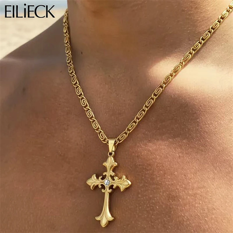 EILIECK Vintage wasserdichte Edelstahl-Halskette mit Hip-Hop-Kreuz-Anhänger für Damen und Herren, einzigartiger Modeschmuck, Geschenk, Bijoux