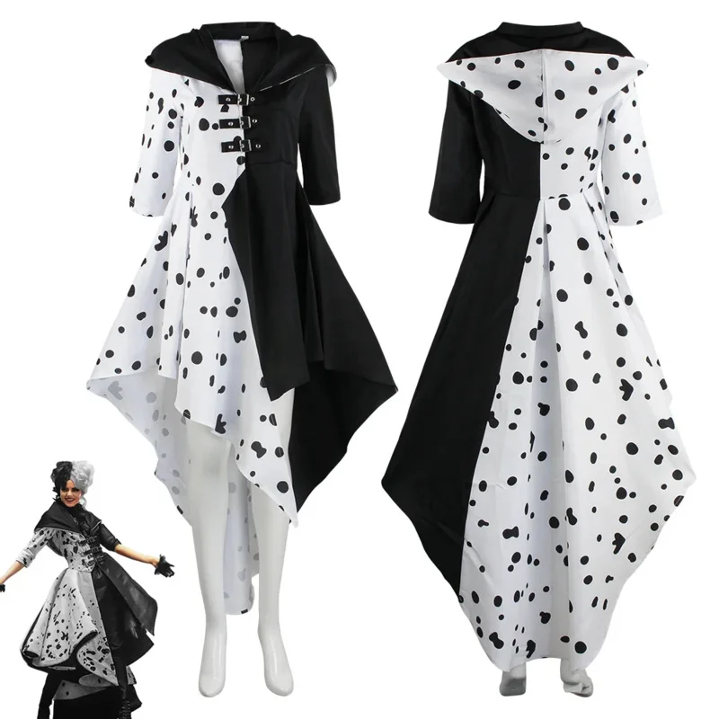 Cruella cosplay costume dress outfit with gloves Halloween carnival suit Cruella de telescopic costume for adult women