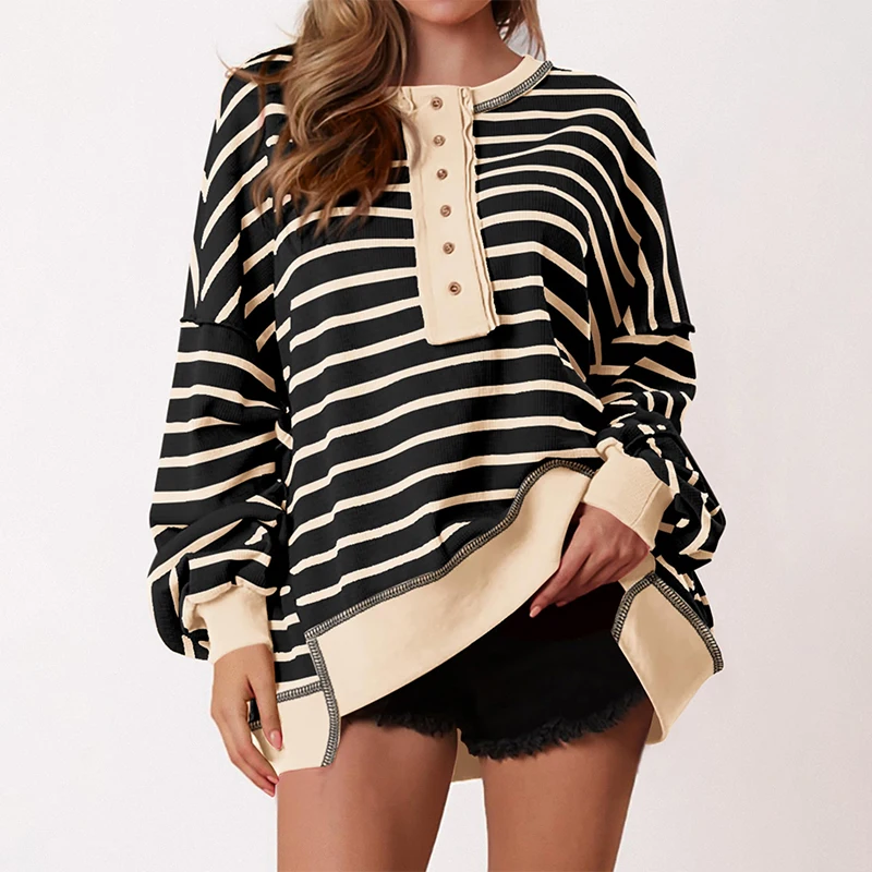 Fall Trendy Women’s Striped Colour Block Waffle Sweatshirts Henley Button Up Contrast Oversized Pullover Casual Y2K Streetwear