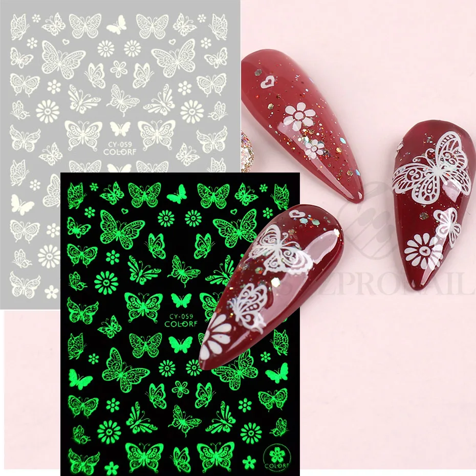 3D Luminous Nail Stickers In The Dark Glow Butterfly Flower Leaf Angel Slider For Nail Decals Manicure Accessories SLCY055-063