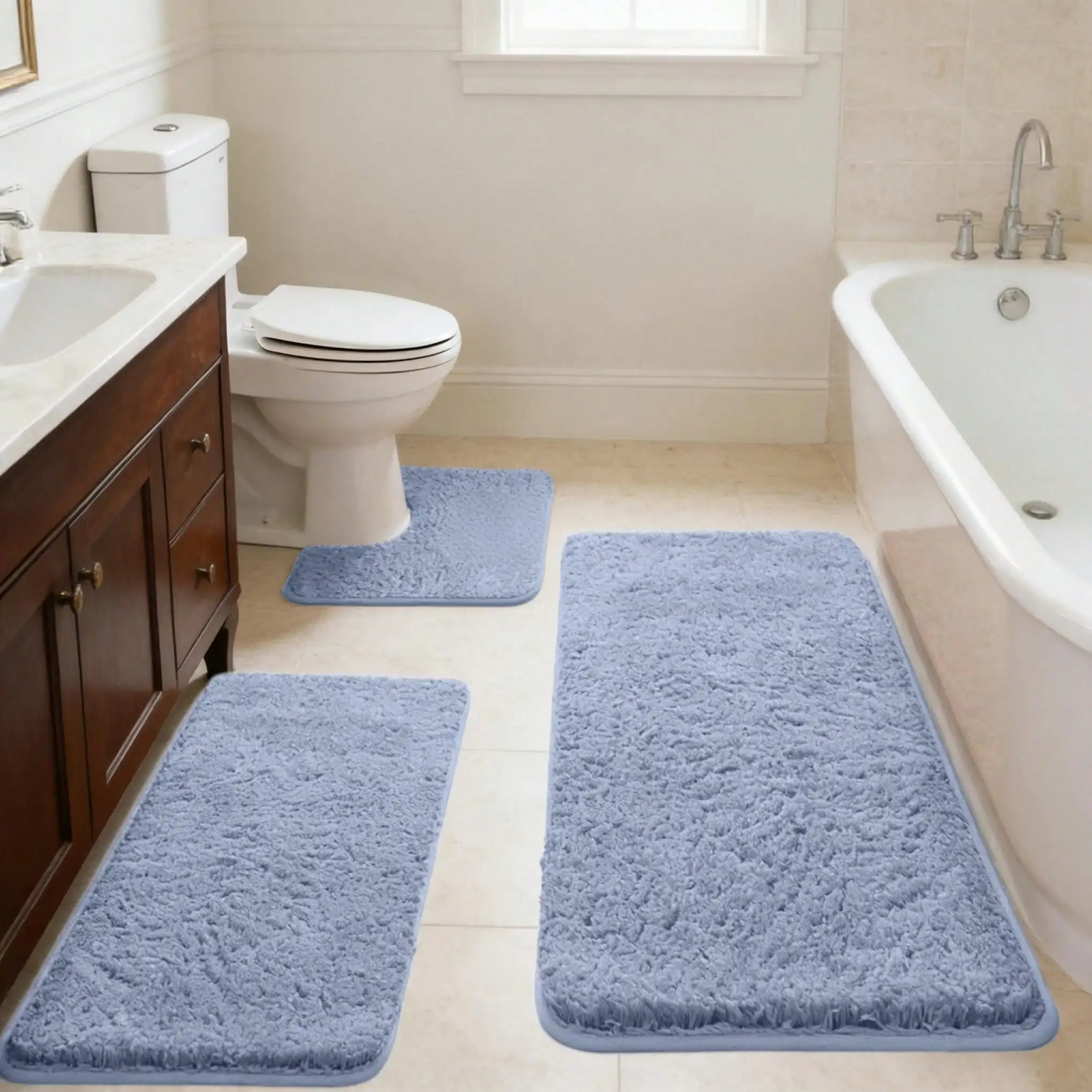 3-Piece Soft Memory Foam Bathroom Rug Set, Non-Slip Absorbent Bath Mat, Plush Shaggy Shower & Toilet Mat Combo, Water-Resistant Bathroom Accessories For Tub, Shower & Laundry Room